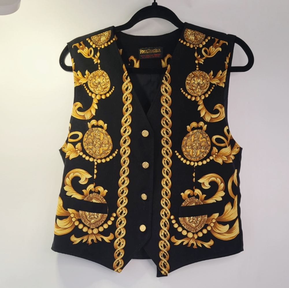 River thai yellow and black baroque print 100% silk vest size small S unisex - Picture 2 of 10